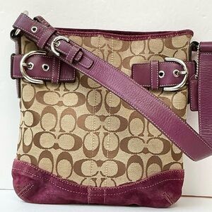 Coach Tan Signature Canvas Crossbody with Plum Leather Trim